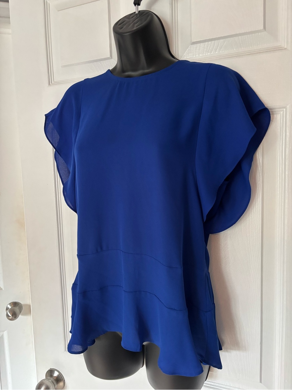 Women's Royal Cobalt Blue Flutter Sleeve Blouse with Peplum Hemline